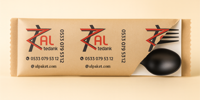 Kraft Baskılı Siyah Kaşık Çatallı Set